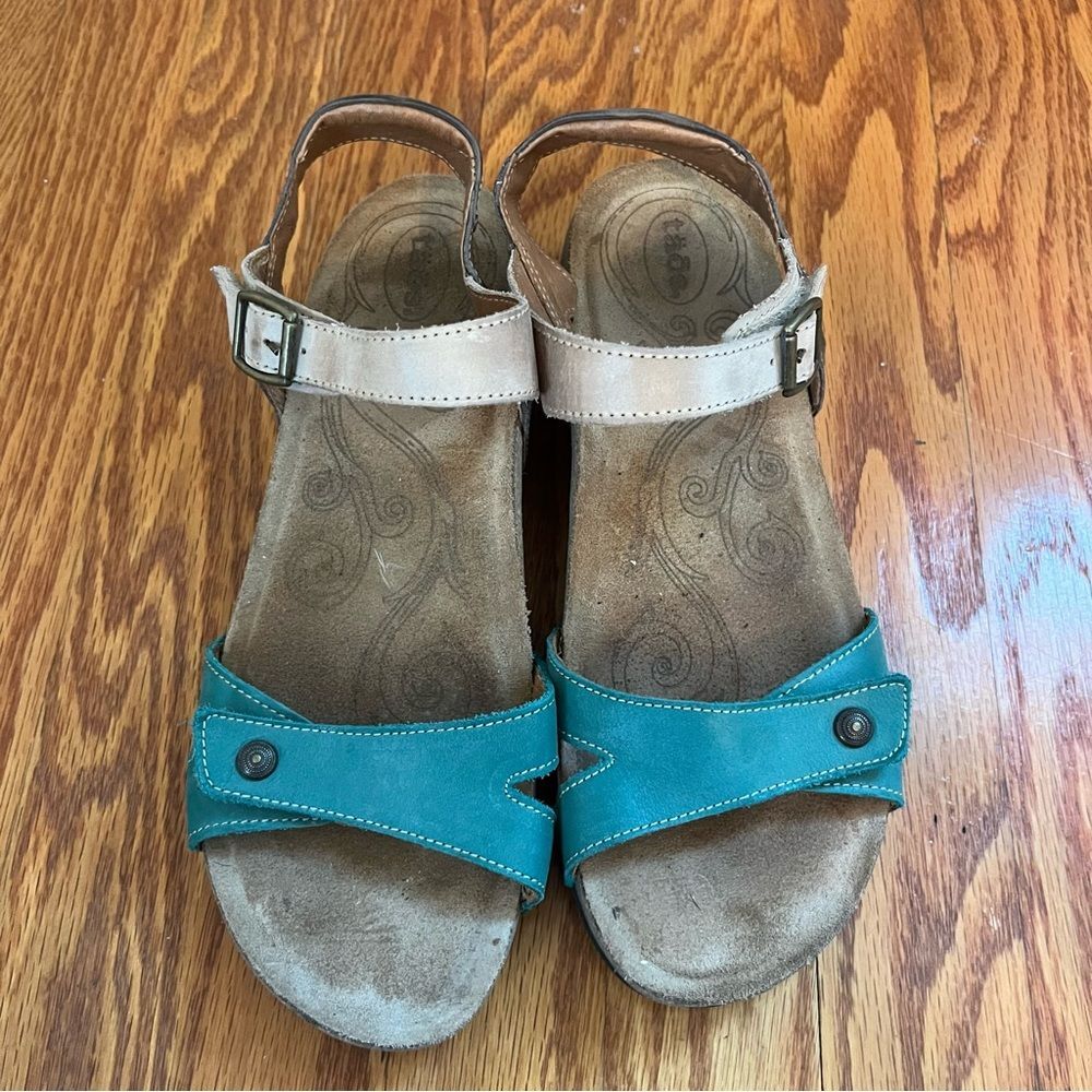 Taos Sadie Sandal 8-8.5 Turquoise Taupe Tan Slingback Cork Wedge Velcro Open Toe